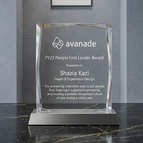 Avanade FY23 People First Award presented to Shazia Kazi, Head of Experience Design, recognizing innovative people-first leadership and a supportive community culture.